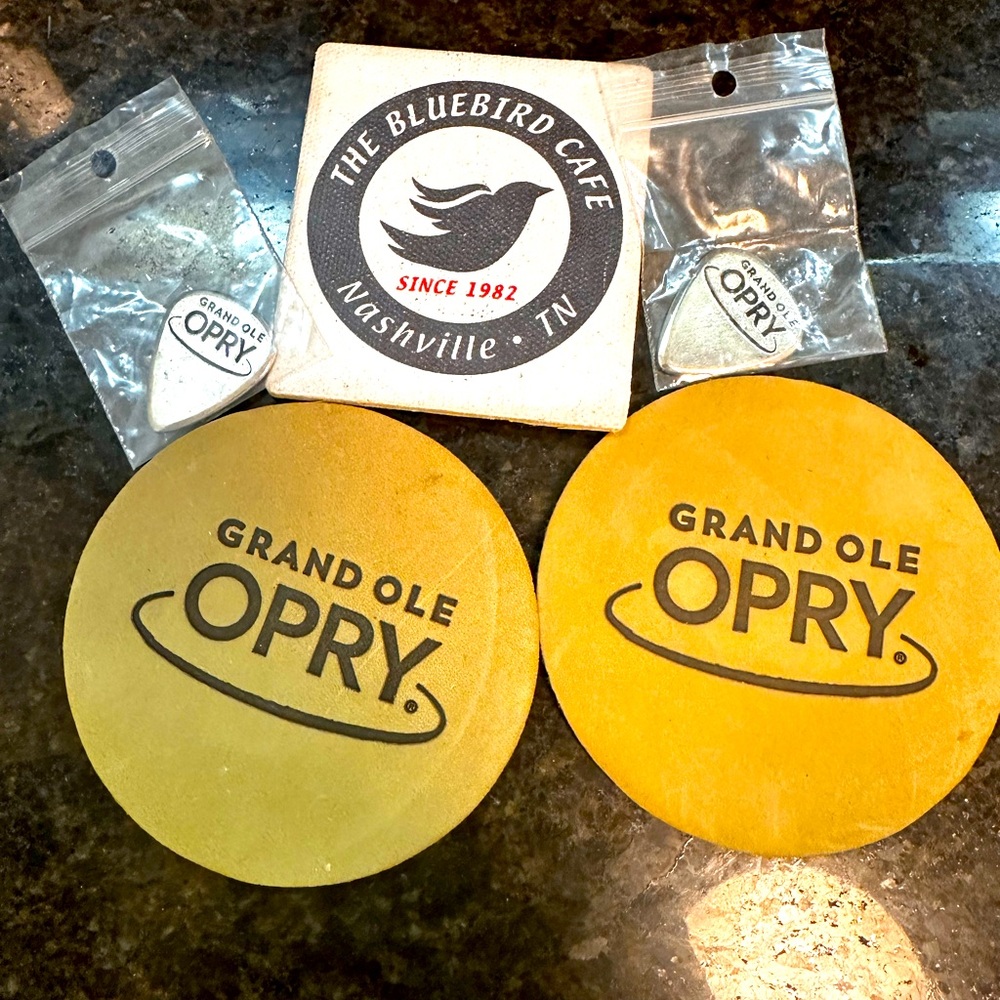 Grand Ole Opry Leather Coasters, guitar picks, Bluebird Cafe magnet- Set